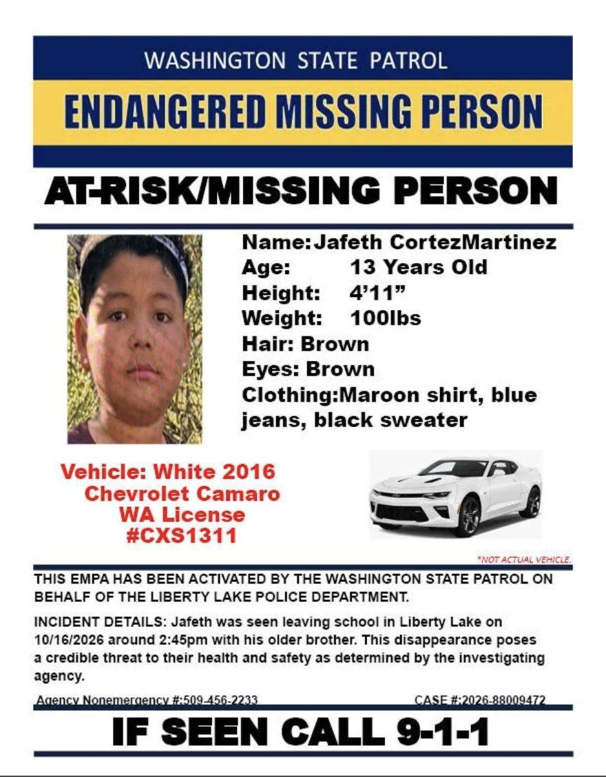 Search underway for missing endangered teen in Liberty Lake